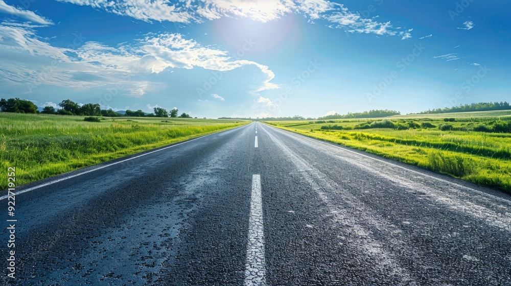 Serene Countryside Drive: Pristine Highway under Clear Midday Sky Serene Countryside Drive: Pristine Highway under Clear Midday Sky