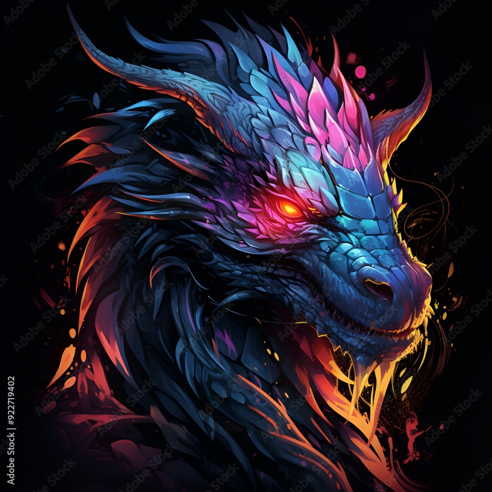Vibrant Dragon with Fiery Background and Stylized Clouds Vibrant Dragon with Fiery Background and Stylized Clouds