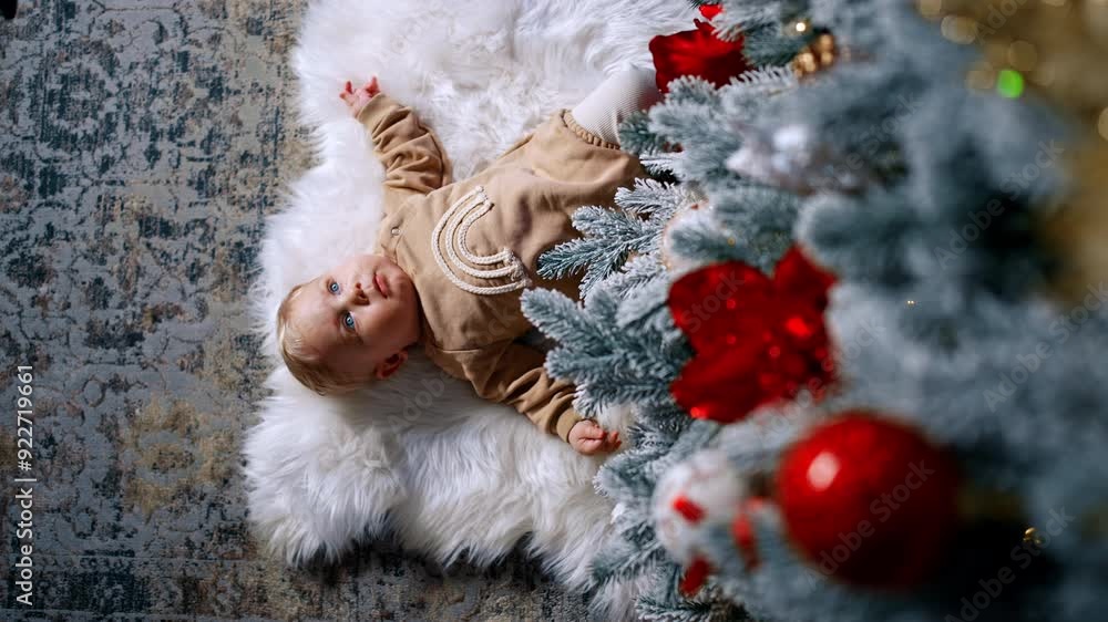 Peaceful little baby in beige sweater lies under the Christmas tree. Calm kid looks up with interest. Top view. Peaceful little baby in beige sweater lies under the Christmas tree. Calm kid looks up with interest. Top view.