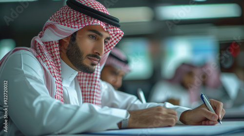 an Arabic man wearing white thobe and red and white writing on paper with graphs and charts visible behind him, set against an office background. Generative AI.