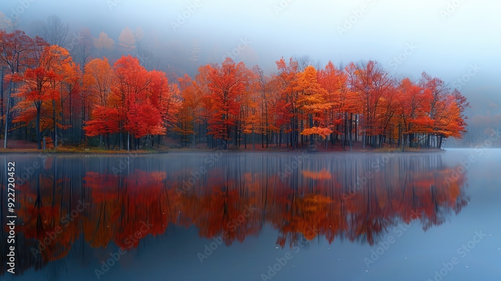 fall colors reflected on the still surface of a foggy lake. The vibrant reds, oranges, and yellows blend with the mist, a serene autumn landscape fall colors reflected on the still surface of a foggy lake. The vibrant reds, oranges, and yellows blend with the mist, a serene autumn landscape