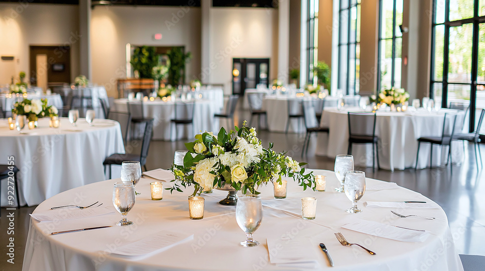 an executive event space set up with round tables, white linens, and elegant floral centerpieces an executive event space set up with round tables, white linens, and elegant floral centerpieces