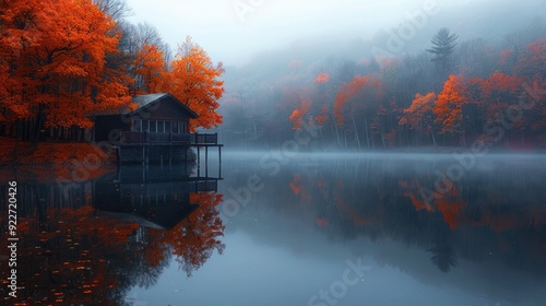 fall colors reflected on the still surface of a foggy lake. The vibrant reds, oranges, and yellows blend with the mist, a serene autumn landscape