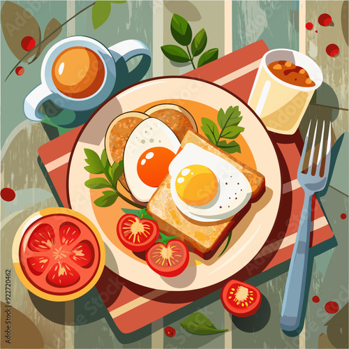 Breakfast spread with fresh egg tomatoes and toasts art vector