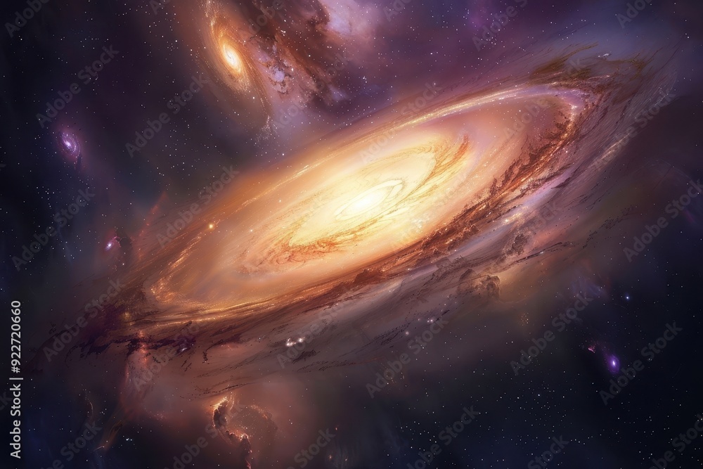 Fototapeta premium Glowing spiral galaxy with bright center and dark dust lanes in deep space.