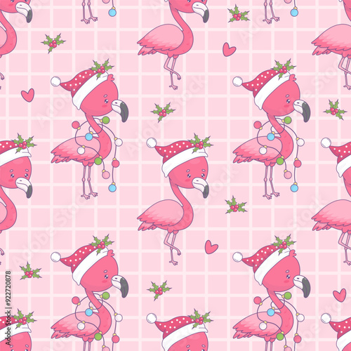 Seamless pattern with cute Christmas flamingo in Santa hat with festive garland on pink checkered background. Xmas holiday cartoon kawaii bird character. Vector illustration. Kids collection