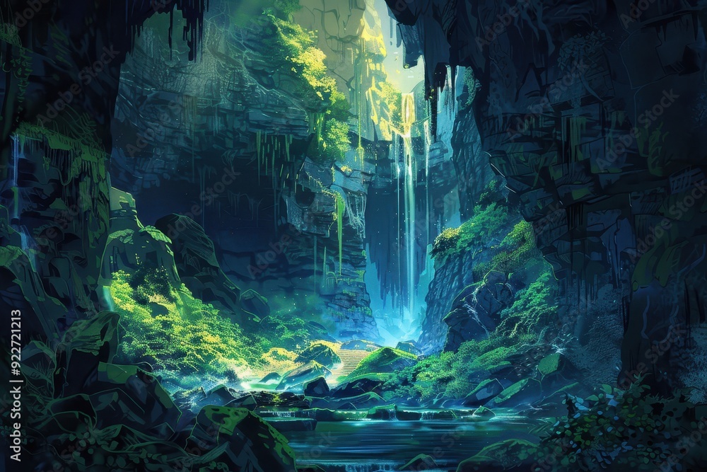 A Lush Waterfall Cascades Through a Deep, Verdant Canyon A Lush Waterfall Cascades Through a Deep, Verdant Canyon