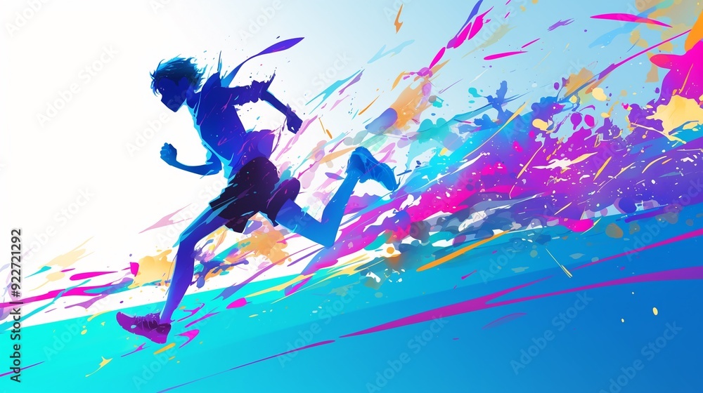 Naklejka premium Teenager student run so fast with colorful splash explosion isolated on white background, silhouette, concept of youth, colorful life, promising future, passionate anime character illustration