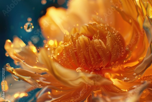 A close-up shot of a bright yellow flower with tiny water droplets glistening on its petals