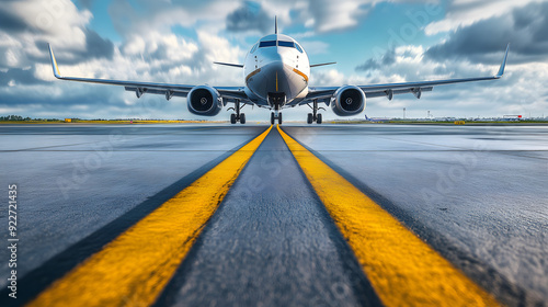 Airplane taxiing on runway at airport with yellow line.