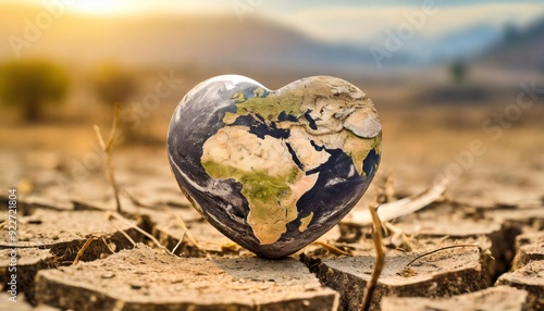 Heart shaped planet earth on extremely dry land, drought, arid land, climate change, save the planet, ecology photo