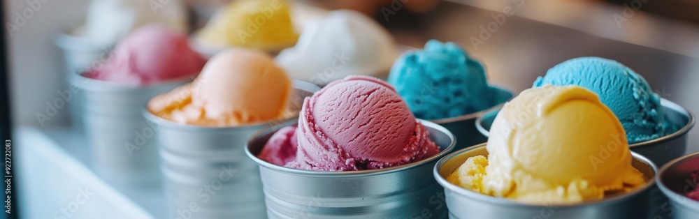 Colorful ice cream scoops in metal tins at a store counter Colorful ice cream scoops in metal tins at a store counter