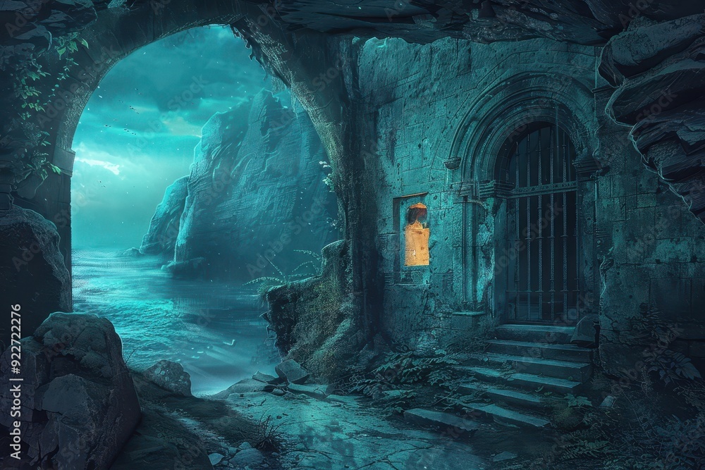 A Mystical Stone Archway Leading to a Luminous Sea A Mystical Stone Archway Leading to a Luminous Sea