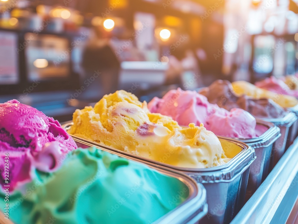 Colorful ice cream scoops in metal tins at a store counter Colorful ice cream scoops in metal tins at a store counter