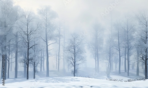 Winter Woodland with Snow covered Trees in a Pale Mist. Seasonal Banner