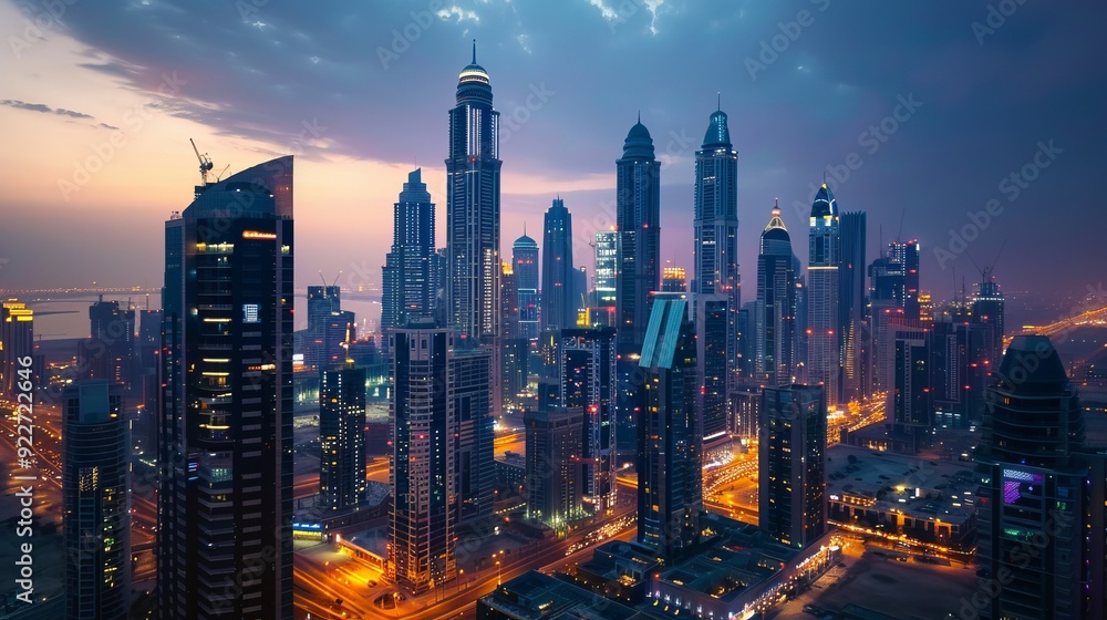 Obraz premium Stunning cityscape featuring towering skyscrapers with illuminated facades at twilight,
