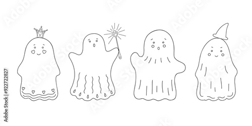 Little cute outline ghosts with face emotions set simple hand drawn illustration doodle spooky fairy-tale, fancy characters for Halloween holiday celebrations, banner, cards, poster decor