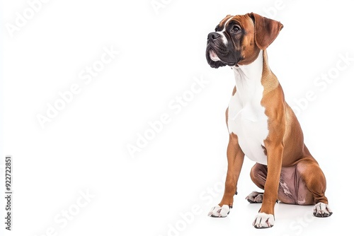 A lively boxer dog sits gracefully, showcasing its sleek coat and expressive face, creating a charming focal point against the clean backdrop.