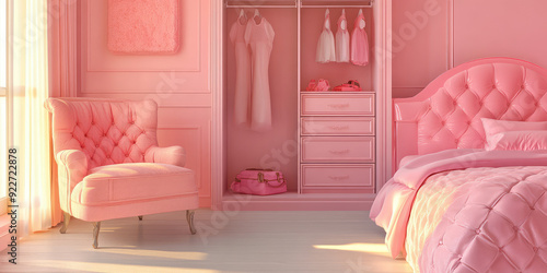 Empty girly Pink Room with closet, chair and bed. Cute child's room for a princess girl.