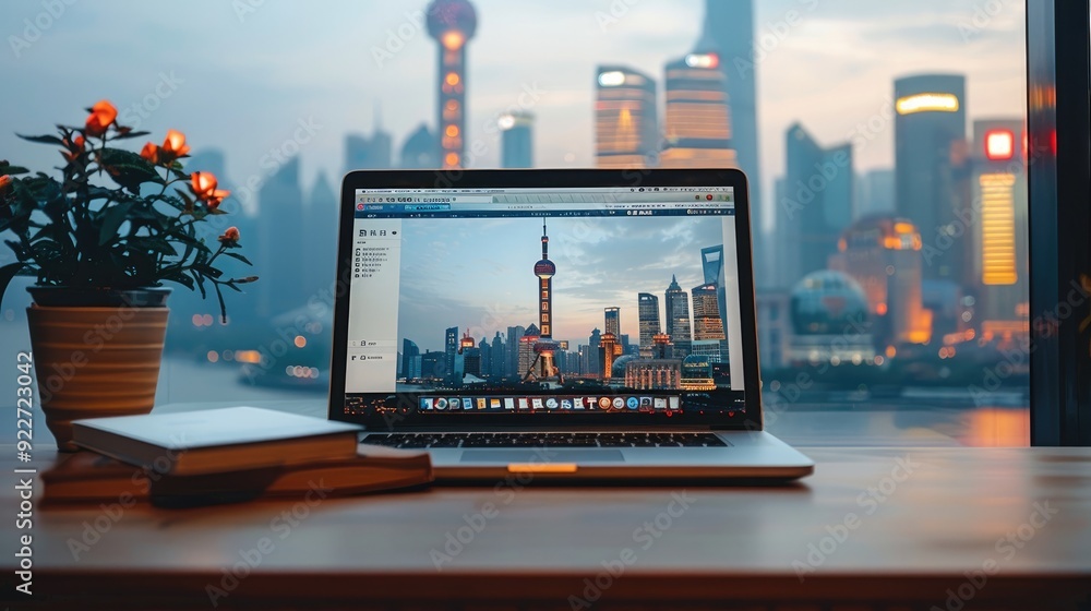 An open laptop on the desk, On top is a stack of books and behind it there's city skyline in China. Generative AI. An open laptop on the desk, On top is a stack of books and behind it there's city skyline in China. Generative AI.