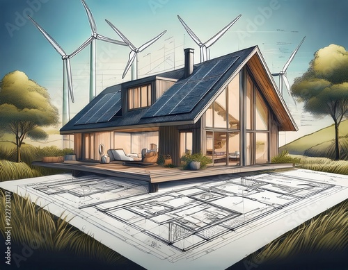 Sketch of a passive house with wind turbines, emphasizing sustainable and energy. Generative Image