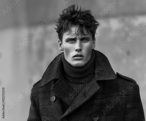 Black and white portrait of male model outdoors in autumn coat