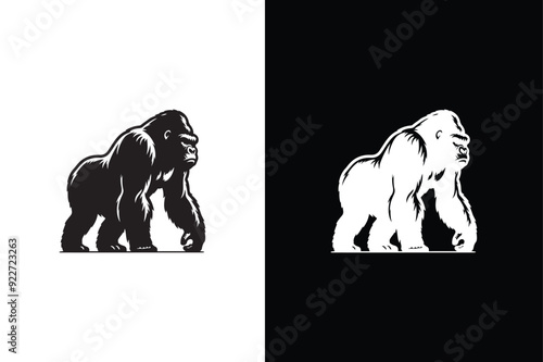 Vector gorilla silhouette Black side silhouette of a gorilla isolated on white and black background.
