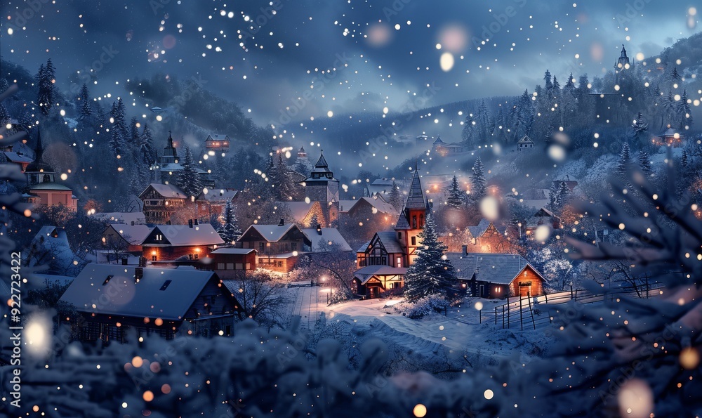 Snowflakes gently falling on a picturesque winter village Snowflakes gently falling on a picturesque winter village
