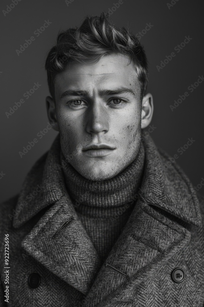 Black and white portrait of a male model in a turtleneck sweater Black and white portrait of a male model in a turtleneck sweater