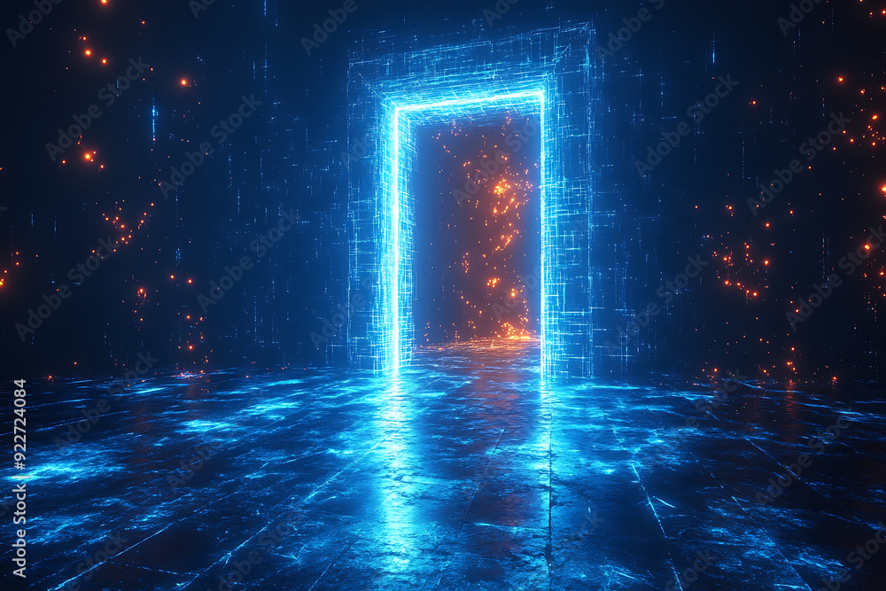 Open door icon with light shining through, designed in wireframe style on a dark blue background, symbolizing opportunity and new beginnings.
Open door icon with light shining through, designed in wireframe style on a dark blue background, symbolizing opportunity and new beginnings.