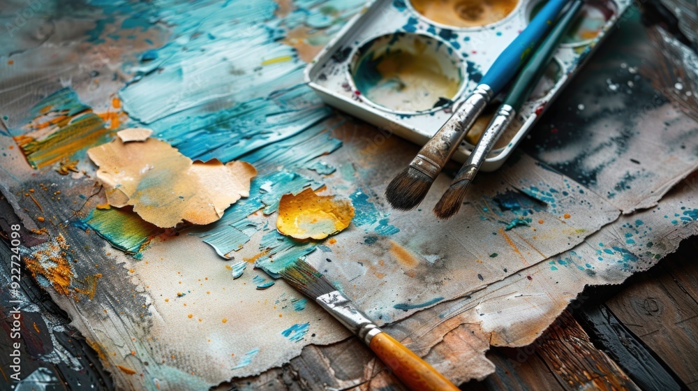 A close-up view of a paintbrush resting on a sheet of paper A close-up view of a paintbrush resting on a sheet of paper