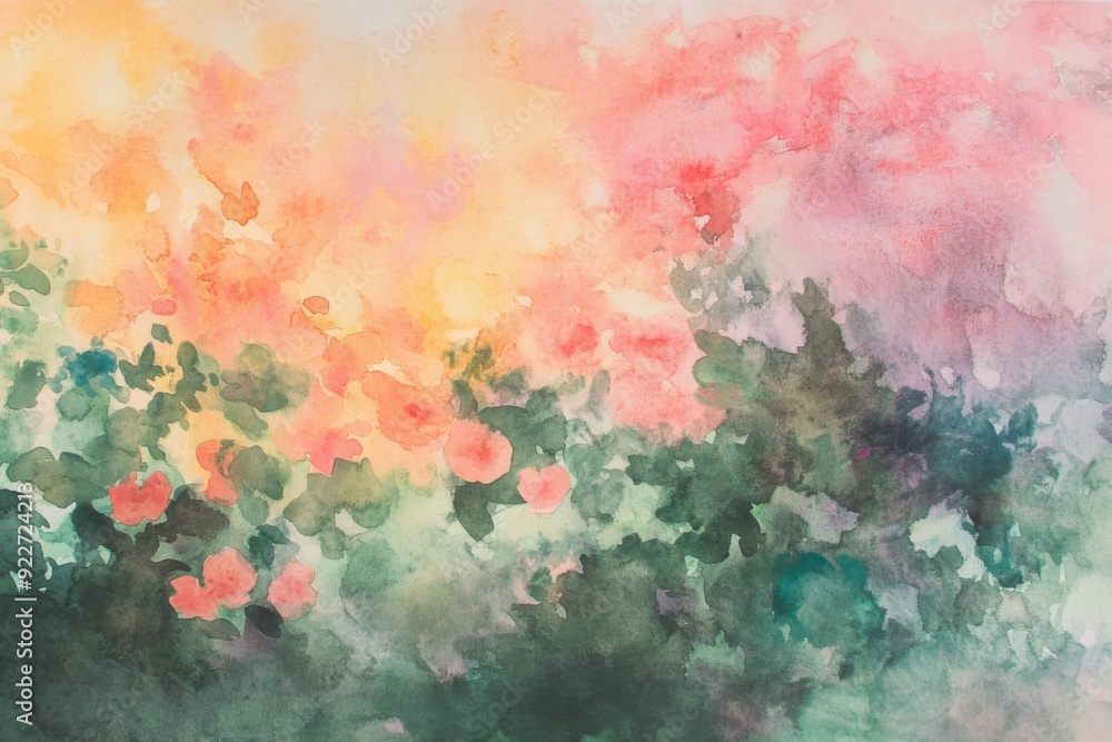 A vibrant watercolor painting of abstract flowers in a dreamy, soft ambiance with pink, orange, and green hues. A vibrant watercolor painting of abstract flowers in a dreamy, soft ambiance with pink, orange, and green hues.