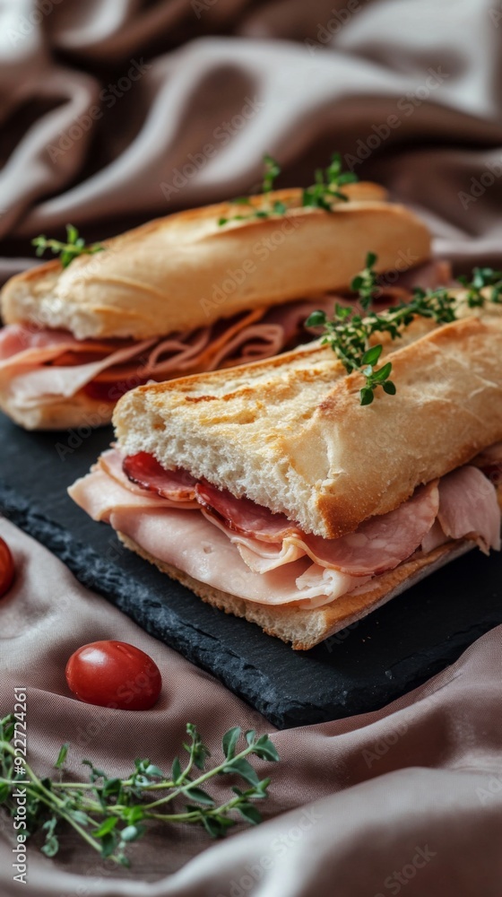 Rustic Charm Close-Up: An Irresistible Sandwich on a Slate Board with a Silk Fabric Background, Celebrating the Simplicity of Country Delights. Rustic Charm Close-Up: An Irresistible Sandwich on a Slate Board with a Silk Fabric Background, Celebrating the Simplicity of Country Delights.