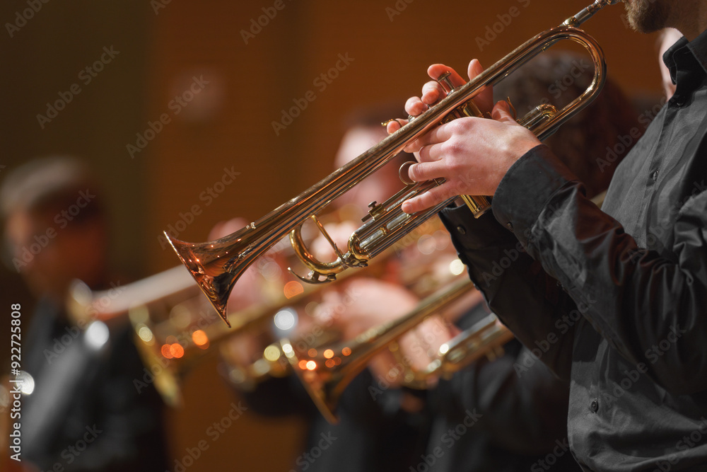Obraz premium Close-up of a trumpet player performing in a brass ensemble, focusing on the musician's hands and instrument.