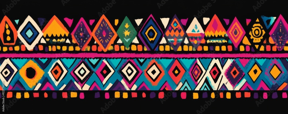 Colorful Aztec-inspired pattern with geometric shapes on a black background Colorful Aztec-inspired pattern with geometric shapes on a black background