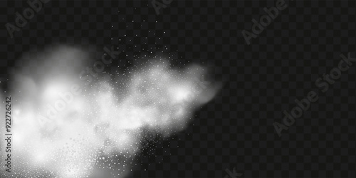 A realistic set of white clouds of flour, sugar, washing powder. An explosion of snow dust in the air. A splash of ice crystals in a white blizzard cloud.