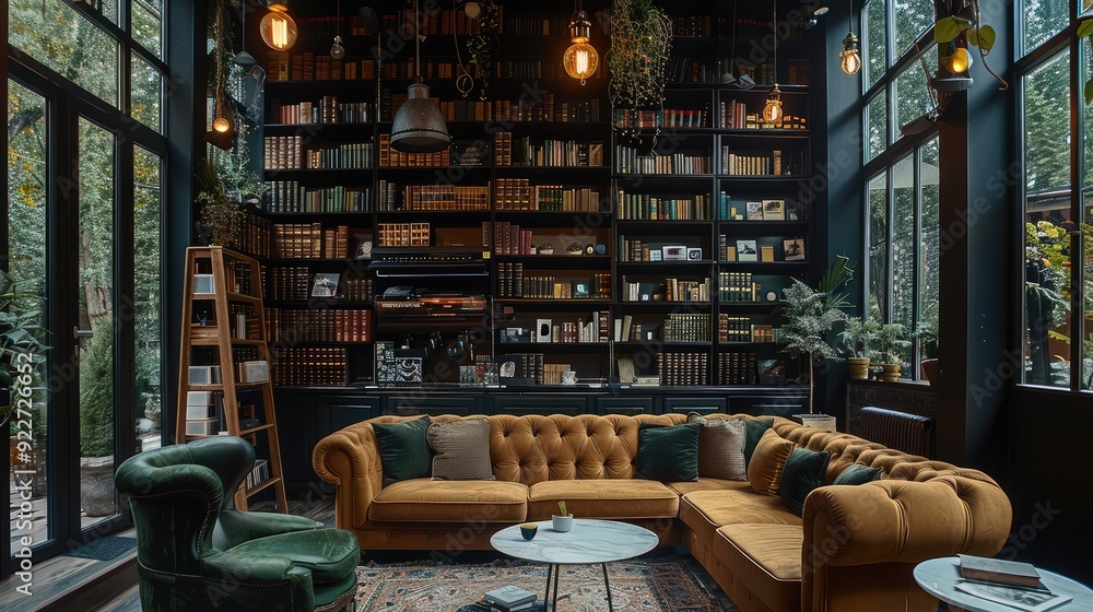 Beautiful hidden forest brick library and coffee cafe, books and coffee cups, leather and velvet seating, hanging lights, dark tones. Generative AI. Beautiful hidden forest brick library and coffee cafe, books and coffee cups, leather and velvet seating, hanging lights, dark tones. Generative AI.