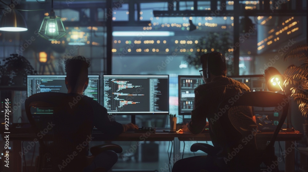 Collaborative workspace with programmers discussing code and application functionality, showcasing teamwork and innovation Collaborative workspace with programmers discussing code and application functionality, showcasing teamwork and innovation