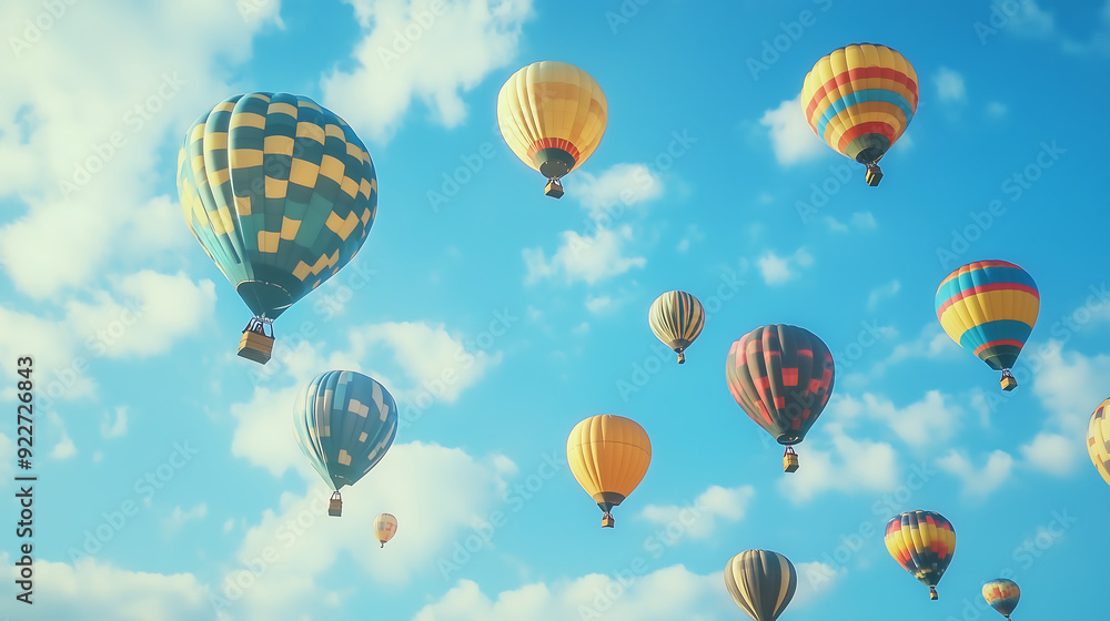 Obraz premium Colorful hot air balloons floating in the blue sky with white clouds