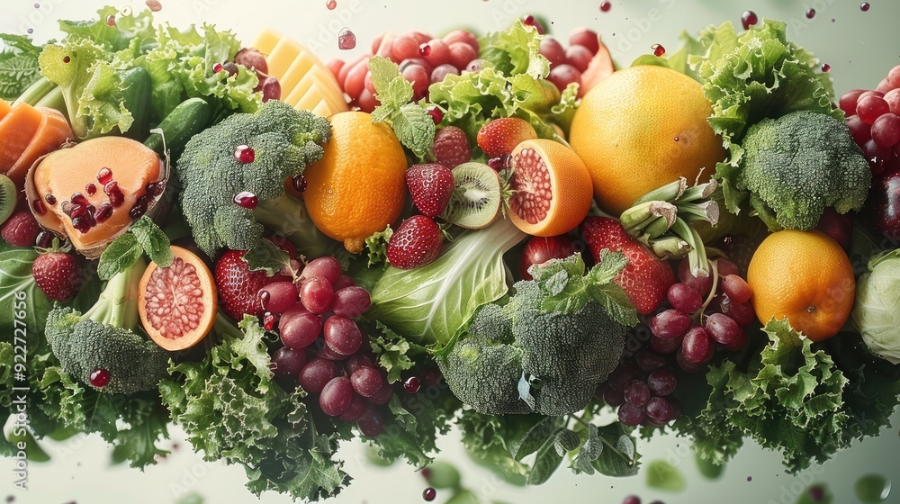 A featuring real fruits and vegetables in a beautiful and delicious manner. Generative AI. A featuring real fruits and vegetables in a beautiful and delicious manner. Generative AI.