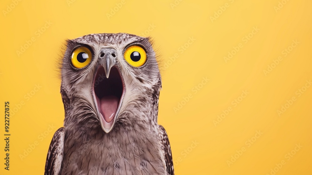 Fototapeta premium Portrait of Funny Owl with Open Beak, Looking Shocked or Impressed Against Yellow Background. Generative ai