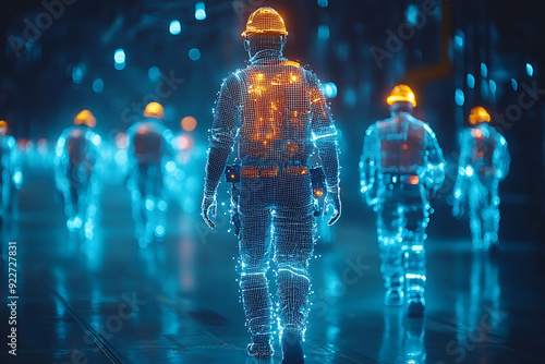 Wireframe silhouettes of workers formed by geometric lines and glowing dots, creating a modern and tech-inspired visual.

 photo