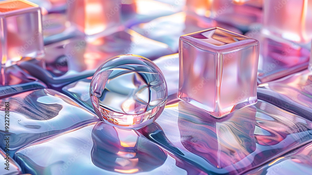 A vibrant arrangement of colorful ice cubes and a glass orb on reflective tiles A vibrant arrangement of colorful ice cubes and a glass orb on reflective tiles