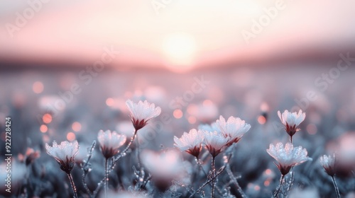 A delicate image of frost-covered flowers in a sunlit field at dawn, capturing the morning light creating a sparkling effect on the frost while painting the flowers in pastel hues. photo