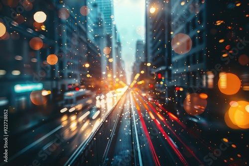 Urban scene at night with blurred buildings and streets