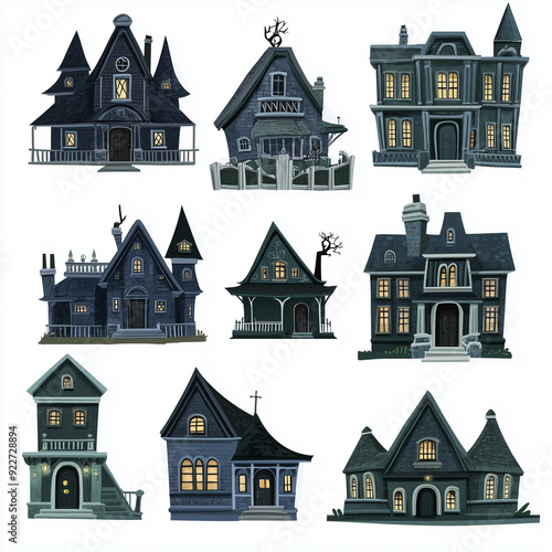 set of dark creepy mansions isolated on white background, cartoon style