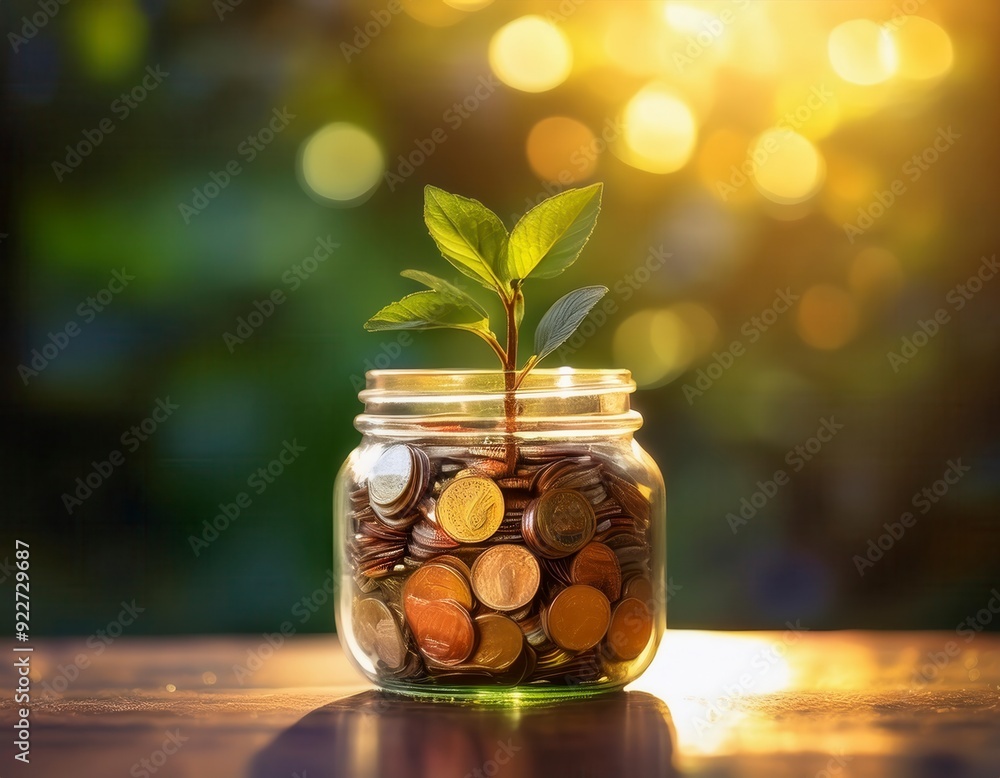 Jar filled with coins and a growing plant, symbolizing financial growth and investment. Generated image Jar filled with coins and a growing plant, symbolizing financial growth and investment. Generated image