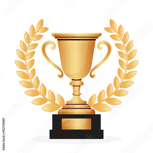 Winners gold cup with laurel wreath isolated on white background