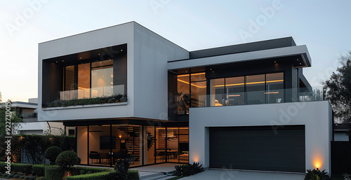 A modern minimalist house in a suburban setting, showcasing its entire architectural design with clean lines and a sophisticated facade. Generative AI.