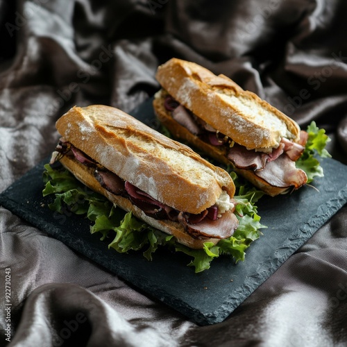 Rustic Charm Close-Up: An Irresistible Sandwich on a Slate Board with a Silk Fabric Background, Celebrating the Simplicity of Country Delights. photo